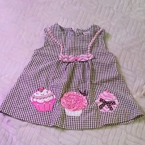 Pink and Black Gingham Dress with Cupcake Design